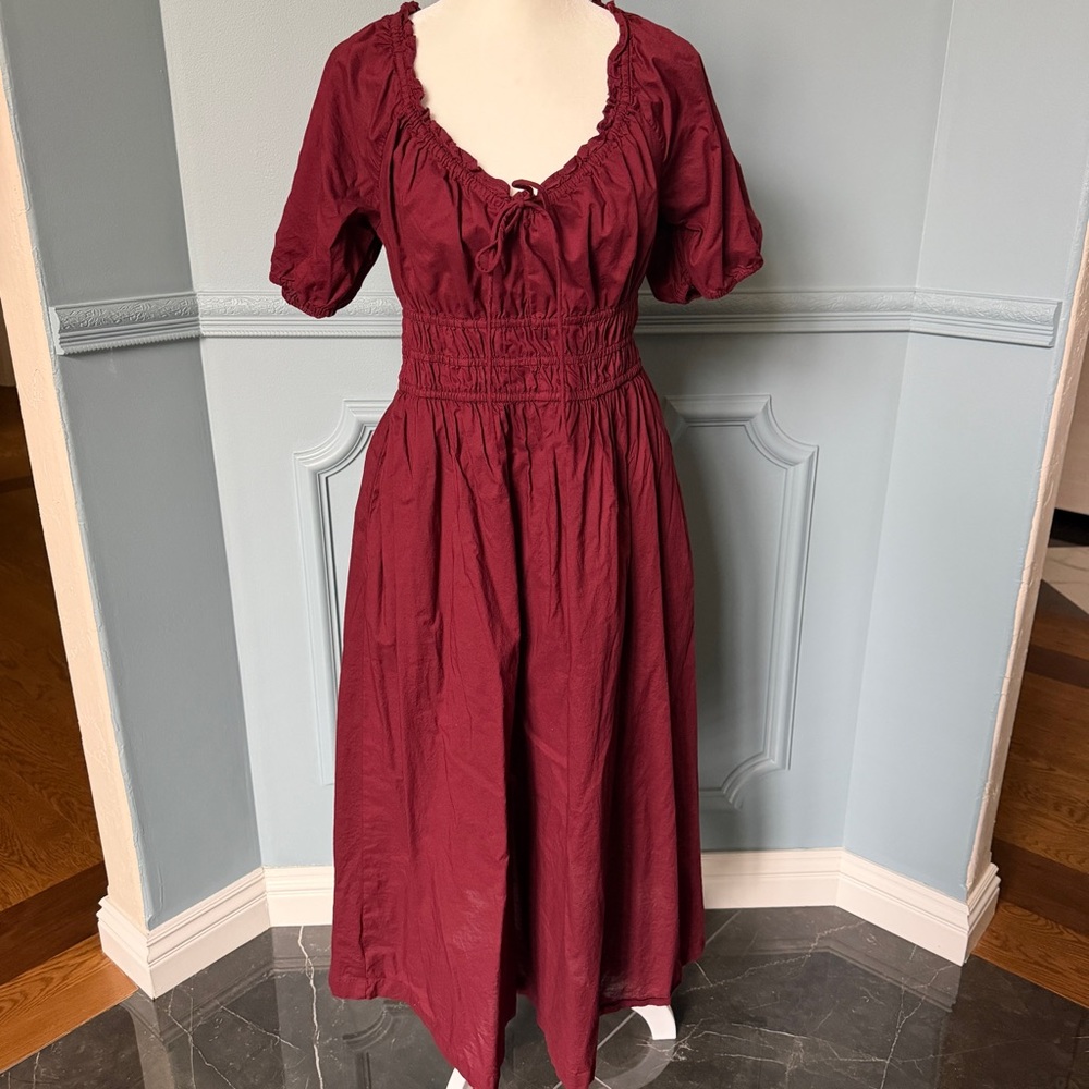 Maroon smocked waist puff sleeve midi dress cotton boho cottage core